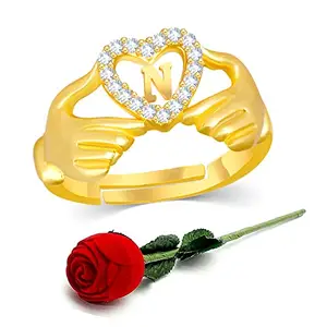 Kanak Jewels Heart Name Alphabet Letter Initial N Rings for girls women girlfriend Men Boys ring for girl ROSE BOX set American diamond Adjustable Valentine Crystal Diamond Cubic Zirconia Gold Silver Plated Ring