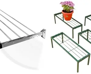 CONCEPT & SOLUTIONS 5 Pipes x 5 Feet - Foldable Wall Mounted Cloth Dryer/Clothes Stand (5 Pipes, 3 feet) and Metal Plant/Pot Stand for Garden | Planter Stand for Indoor & Outdoor (Black - Pack of 4) Combo Pack|CS-418