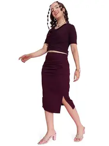 SIRIL Women's Co-ord Set Lycra Short Sleeve Crop Top with Knee Length Skirt Set (568TK7761-M_Purple)