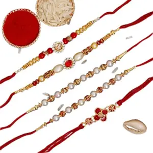 eCraftIndia Red, Golden & White Set of 5 Beads, Pearl, Diamond, Floral Designer Rakhis with Roli Chawal Pack - Rakhi for Brother, Bhaiya, Bhai