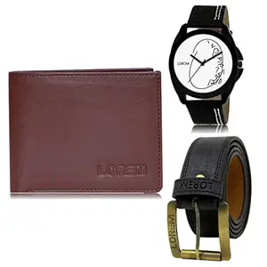 LOREM Mens Combo of Watch with Artificial Leather Wallet & Belt FZ-LR55-WL14-BL01