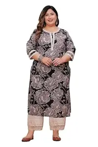 LABULY Women Plus Size Straight Pure Cotton Discharge Print Kurta with Lace Work