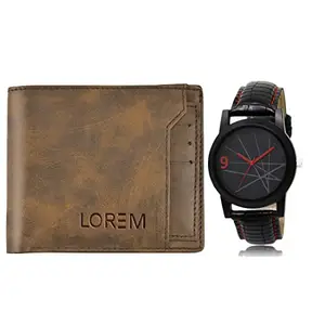 LOREM Combo of Black Wrist Watch & Brown Color Artificial Leather Wallet (Fz-Wl24-Lr08)