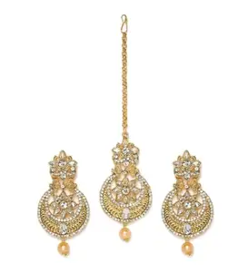 Shashwani Women's Rose Gold Plated Alloy Kundan Earrings & Mangtikka-PID47348