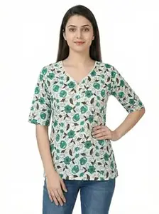 Cotton Short Kurti Top Teenager Girl(5'3 Height, Length 25inch) V Neck Printed Half Sleeve for Office & College Girls Fit