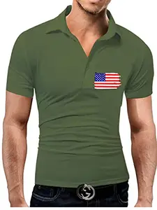 FASHION AND YOUTH USA Flag Logo T-Shirt with Solid Color Polo Graphic Printed Casual Wear Collar Sports & Gym wear Stylish Branded Tshirt Olive Green