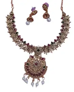 Nirmala Fashion Traditional Gold-Plated Necklace Set with Ruby and Emerald Stones, Pearl Drops, Jhumka Earrings