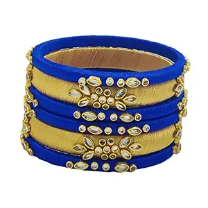 HABSA HABSA Hand Made Fancy Festival Silk Thread Fancy Festival Wear Kundan Stone Bangles Set of 6 Bangles Cream-Blue (size-2/8)