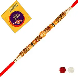 beingelegant Beingelegânt - Delicate Golden Moti with Red & Green Colour Rakhi for for Brother/Bhai with Roli-Chawal & Rakshabandhan Greeting Card