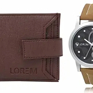 LOREM Maroon Color Faux Leather Wallet & Black Analog Watch Combo for Men | WL09-LR14