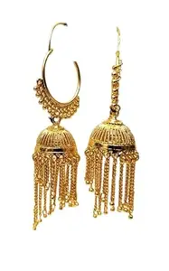 Traditional Gold-Plated Jhumka Earrings with Chain Tassels, Dome Design, Hoop Style For Girls & Women