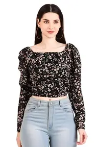 UG Fashion Crop Tops for Womens | Floral Small Flower Print Cropped Top with Puff Sleeves| Casual Tops for Women | Floral Tops for Women (in, Alpha, M, Regular, Black)