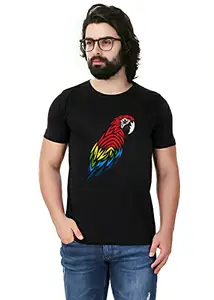 Colorful Parrot Printed 100% Pure Cotton T-Shirt for Men and Women (Black) (X-Large)