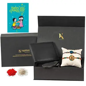 Kaameri Bazaar Black Leather Wallet & Black Keychain & Rakhi Combo Gift Set for Men