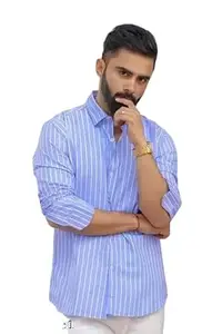 Mahima Ethnic Centre's Men’s Striped Casual Shirt Regular Fit Long Sleeve Blue Cotton Blend