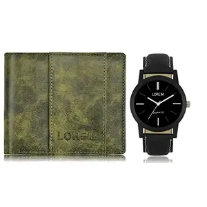 LOREM Combo of Black Wrist Watch & Green Color Artificial Leather Wallet (Fz-Wl18-Lr05)