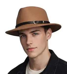 Krystle Men’s Brown Fedora Hat with Black Belt Buckle Band – Classic Wide Brim Felt Hat for Men, Stylish Western & Casual Wear (Multicolor,Free Size)