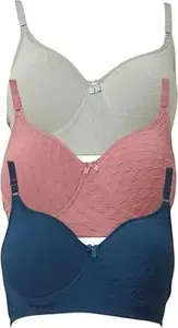 Fashfeed Women's Cotton Lightly Padded Non-Wired Full Coverage Bra (Pack of 3) | Multicolor