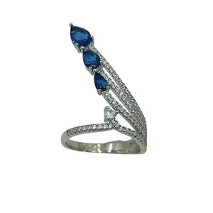 APEX 925 Sterling Silver Stylish CZ Studded with Blue Stone Adjustable Finger Ring With Certificate of Authenticity and 925 Stamp|1 Month Warranty.*