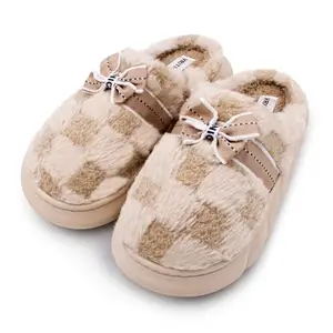 VRITRAZ Womens Comfortable winter carpet Indoor slipper (Check Beige, UK-6)