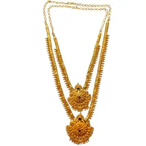 TGS GOLD COVERING Micro Copper Plated Traditional South Indian Fashion Jewellery Stylish Ruby Emarald Stone Short & Long Haram Necklace Set for Women & Girls