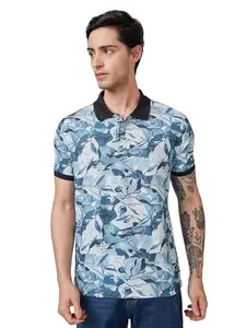 Status Quo Men's Abstract Printed Polo Collar Short Sleeves Regular Fit Tshirt | Polyester Spandex Blend | Abstract Printed | Half Sleeves | Regular Fit | Teal | M Size