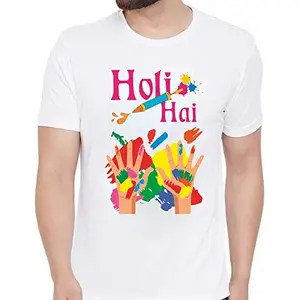 Holi Hai Colorful Hand Design Printed Round Neck Poly Silk T-Shirts (X-Large) White