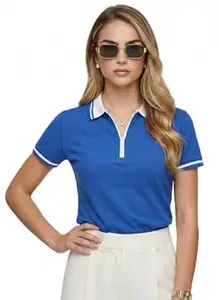 JUNEBERRY® Women’s Regular Fit Lycra Polo T-Shirt V- Neck with Zipper Collar Design, Lycra Fabric for All-Day Comfort and Easy Everyday Styling (Sizes S to 2XL)
