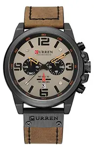 CURREN Chronograph Fashion Trend Multi-Function Waterproof Quartz Watch Leather Strap Military Watch, Brown, luxury
