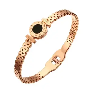 VAMA FASHIONS 316 L Stainless Steel Rose Gold Roman Numerals Love Engraved Bracelet With Black Watch Dial Center Brick Link Hinged Open Clasp Daily Office Hand Bracelet for Women & Girls
