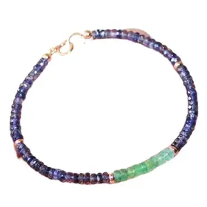 LKBEADS Natural Round Shape Smooth Cut Beads Stretchable Bracelet for Men & Women Iolite & Green Emerald Rondelle Faceted Multicolor 7 Inch Bracelet