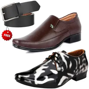 Latest Formal Shoes/Party Shoes/ 2 Shoes Combo with Free Belt for Men and Boys (BAZAAR7882_VTR01-Blk-Slvr-2006-Bdr) Multicolor