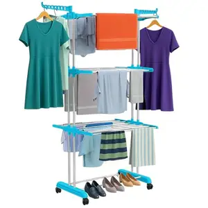 H Houseware Foldable Cloth Drying Stand Stainless Steel 3 Tier Heavy-Duty Clothes Dryer for Balcony Indoor & Outdoor Use with Wheels & Hanger Slots Rust-Proof (Blue) 121.9 x 68.6 x 167.6 Cm