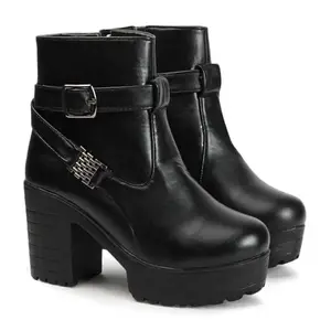 STRASSE PARIS Women's Stylish Black Platform Ankle Boots with Bold Buckle Strap Design, Boot for Women,8