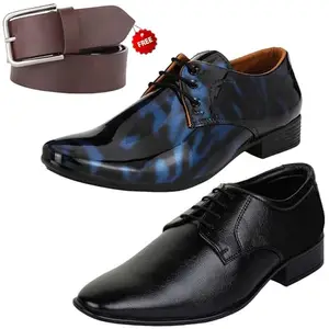Relaxed Trendy Formal Shoes/Party Shoes/ 2 Shoes Combo with Free Belt for Men and Boys (BAZAAR8435_VTR01-Blk-Blu-301-Blk) Multicolor