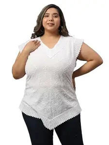 SAAKAA Women's Cotton White Embroidery Plus Size Plain Top