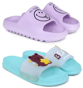 Pampy Angel Combo Pack of 2 Slipper/Flip Flops/Slides for Women,(YW-Smil-Purple,Bear-Blue),37 (Euro)
