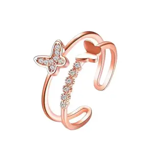 Karishma Kreations Exclusive Latest Fashion Collection Rose gold Stainless Steel Cubic Zirconia Butterfly Open Ring for Women Girls Adjustable promise Ring