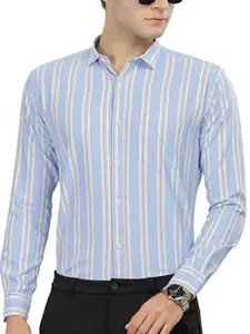 MILDIN Men's Pure Cotton Striped Printed Shirt with Spread Collared Neck Full Sleeve Curved Hemline Button Closure and Regular Fit | Shirt for Man Full Sleeve