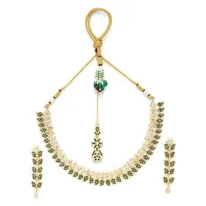 M.D KARAT ART trendy gold plated green & white A1 TIWAN stone necklace jewellery set with earring & mangtika jewellery set for women (SET 0247N)
