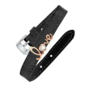 MINUTIAE Charm Unisex Black Vegan Leather Wrist Buckle Bracelet with Adjustable Strap - Love Heart Valentine (Rose Gold) Solitaire Cut Crystals Cubic Zirconia Diamond Wristband for Men and Women