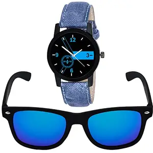 FRAVY Blue Analoug Steel Belt Wrist Watch with Blue Waifarer Sunglasses for Mens Boys -W038-S029