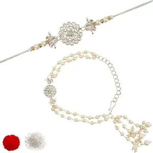 I Jewels Mens Designer Kundan Pearl Hanging Bhaiya Bhabhi Lumba Rakhi Bracelet Combo Set With Roli Chawal & Rakshabandhan Greeting Card (R149Min-Co)