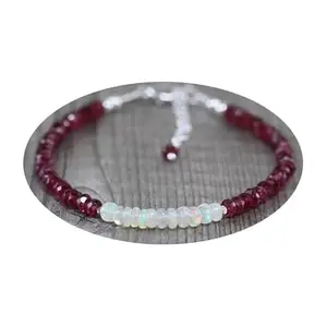 RRJEWELZ Ethiopian Welo Opal & Rhodolite Garnet 3-3.5mm Rondelle Shape Faceted & Smooth Cut Gemstone Beads 7 Inch Adjustable Silver Plated Clasp Bracelet For Men, Women. Gemstone Link Bracelet. | Lcbr_02800