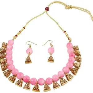 WORLD WIDE VILLA Oxidised Silver Earring & Necklace Set For Women Pack of 1 Pink || WV_Set77