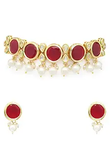 Yellow Chimes Traditional Jewellery Set for Women Ethnic Pink Stone Choker Necklace Set Gold Plated Choker Necklace Set for Women and Girls.