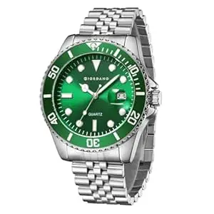 GIORDANO Analog Quartz Watch for Men – Round Dial with Rotating Bezel, Luminous Hour Markers, Stainless Steel Strap & Date Display