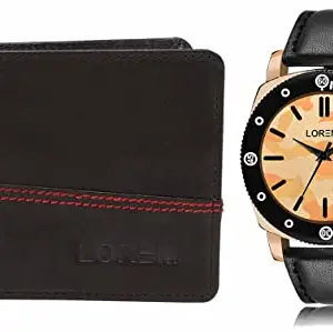 LOREM Brown Color Faux Leather Wallet & Multicolor Analog Watch Combo for Men | WL07-LR52