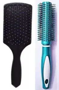 LOTSPEK Round Rolling Curling Roller Comb Hair Brush Blue color & Pleev Paddle Flat Hair Brush Comb Combo For Men And Women