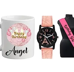 Relish Birthday Gift for Girls | Pink Analogue Watch & Happy Birthday Angel Printed Coffee Mug & Birthday Girl Sash